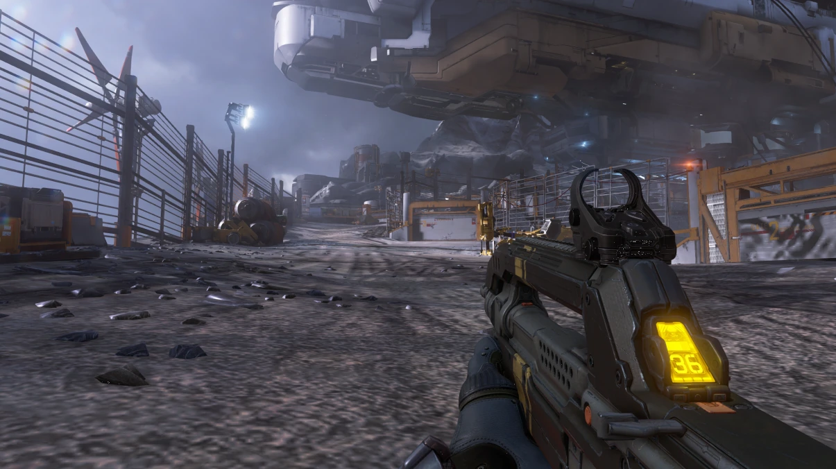 First-person Halo 5 campaign development capture in Mining Town, with an assault rifle in view